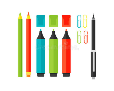 彩色标记学校提供荧光笔矢量插图。