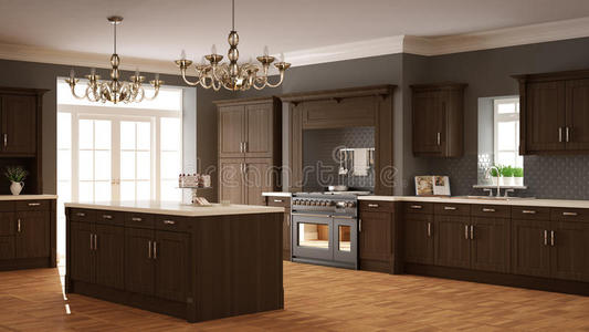 经典厨房，优雅的室内设计与木制细节