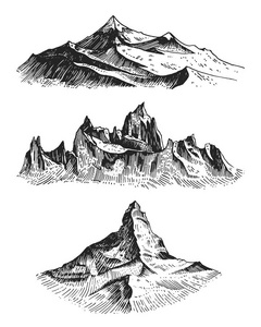 大山峰，复古，旧的外观手绘，素描或雕刻风格，不同版本的徒步旅行