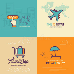 预订在线按钮平面图标，飞机平面图标，旅行袋平面图标和放松和享受平面图标