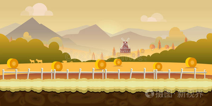 美丽的乡村农场背景与青山,农舍,木栅栏与无缝插画-正版商用图片