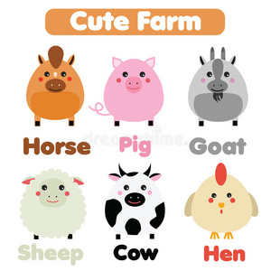 可爱的农场动物野生动物集。 儿童风格，孤立的设计元素，矢量插图。 山羊，马，猪