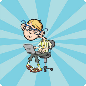 极客男孩喝卡通极客男孩坐在笔记本电脑上照片