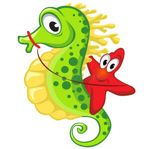 可爱的卡通海星骑在海马上照片