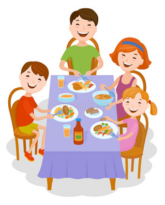 可爱的卡通家庭在桌子上吃饭