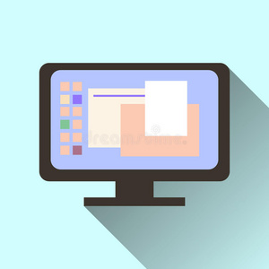 计算机屏幕图标与长阴影隔离在橙色背景。