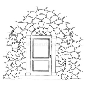 木门特写可爱的童话涂鸦蘑菇屋为成人着色书素描老式关键卡通中国屋