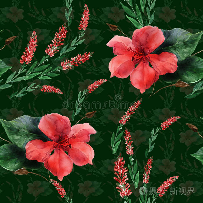 花和叶子 水彩 壁纸 无缝图案 壁纸 插画 正版商用图片23u9yo 摄图新视界