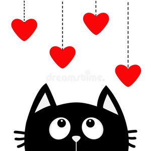 黑猫仰望着挂着的红心。 短跑线。 心设可爱的卡通人物。 情人节。 卡瓦伊动物。 爱的问候