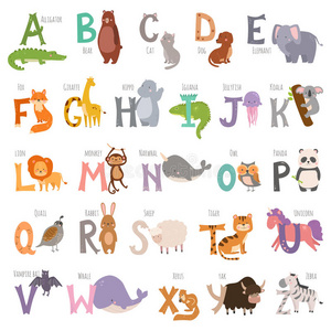 可爱的动物园字母与卡通动物在白色背景和灰色字母野生动物学习排版可爱