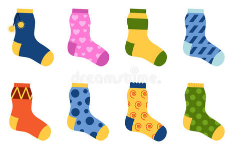 平面设计彩色袜子集矢量插图。
