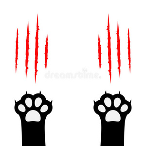 黑猫抓爪子印腿脚套。的爪子动物红色划痕刮痕轨迹。可爱的卡通人物身体部分轮廓