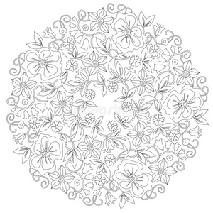 涂鸦花卉圆形装饰在黑白。 着色书页面儿童和成人的放松工作。 赞坦角