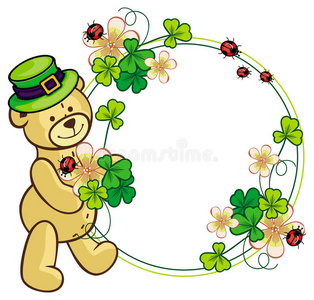 三叶草框架和可爱的泰迪熊戴着绿色的帽子。 光栅剪辑艺术。