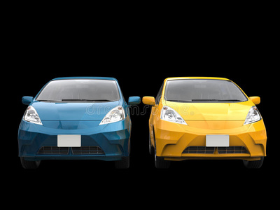 蓝色和黄色的现代紧凑型汽车