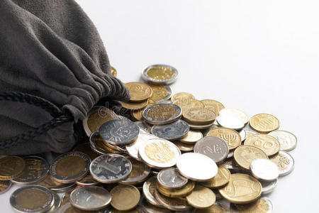 白色上有金币的袋子照片