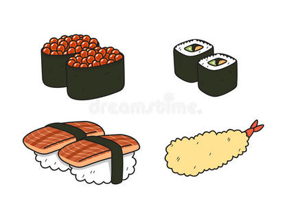 物体 寿司 卡通 宜村 天麸罗 鳗鱼 可爱的 好吃 日本