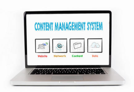 内容管理系统，业务理念。 笔记本电脑隔离在白色背景上