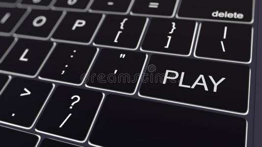 黑色电脑键盘和发光播放键。 概念三维渲染