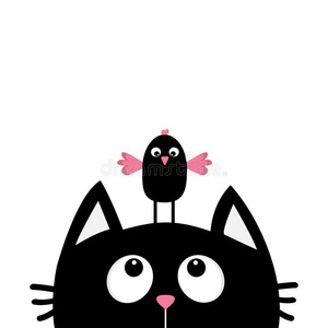 黑猫的脸头轮廓仰望滑稽的鸟。 可爱的卡通人物。