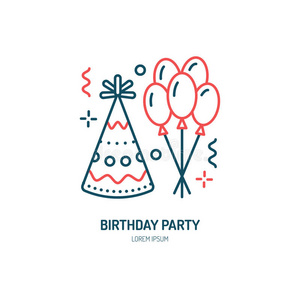 生日派对线图标。 用于派对服务或活动代理的矢量标识。 气球的线性插图，生日帽