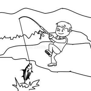 画戴着帽子坐在湖边钓鱼捉鱼的人卡通老人钓鱼卡通钓鱼钩中国风景观