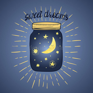 手绘的罐子里有沉睡的月亮和星星。