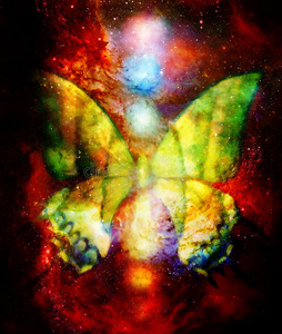 在宇宙空间中有光能量脉轮的蝴蝶。 绘画和平面设计。