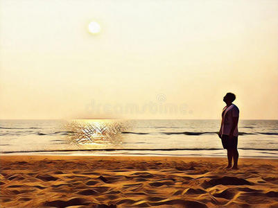 有脚踩痕迹的空旷海滩。 孤独的人盯着太阳。