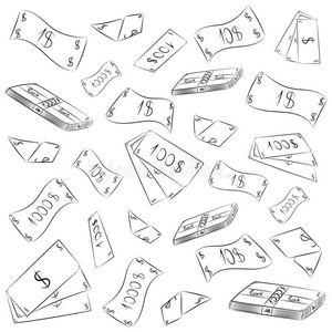 手绘钞票. 涂鸦钱雨. 潦草的现金图纸. 素描风格.照片