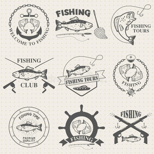 古老的 渔营 签名 质量 徽章 密封 三文鱼 诱惑 鲶鱼
