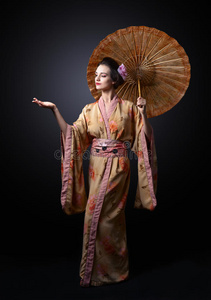 穿着传统日本和服带雨伞的美女