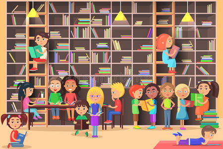 书中男孩孩子们在图书馆矢量插图中阅读.照片