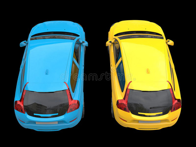 蓝色和黄色现代优雅的家庭汽车自上而下的观点