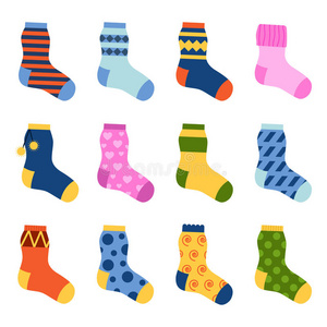 平面设计彩色袜子集矢量插图。