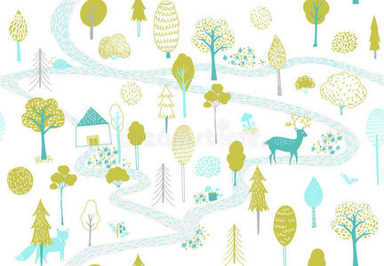 森林图案有鹿狐狸和小房子。 无缝纹理与可爱的手绘插图的树木和动物。