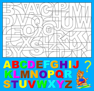 幼儿教育页面。 需要找到英文字母的隐藏字母，并将它们涂上相关的颜色。