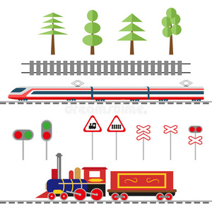 枕木 要素 轨道 铁轨 收集 玩具 发动机 蒸汽 机车 插图