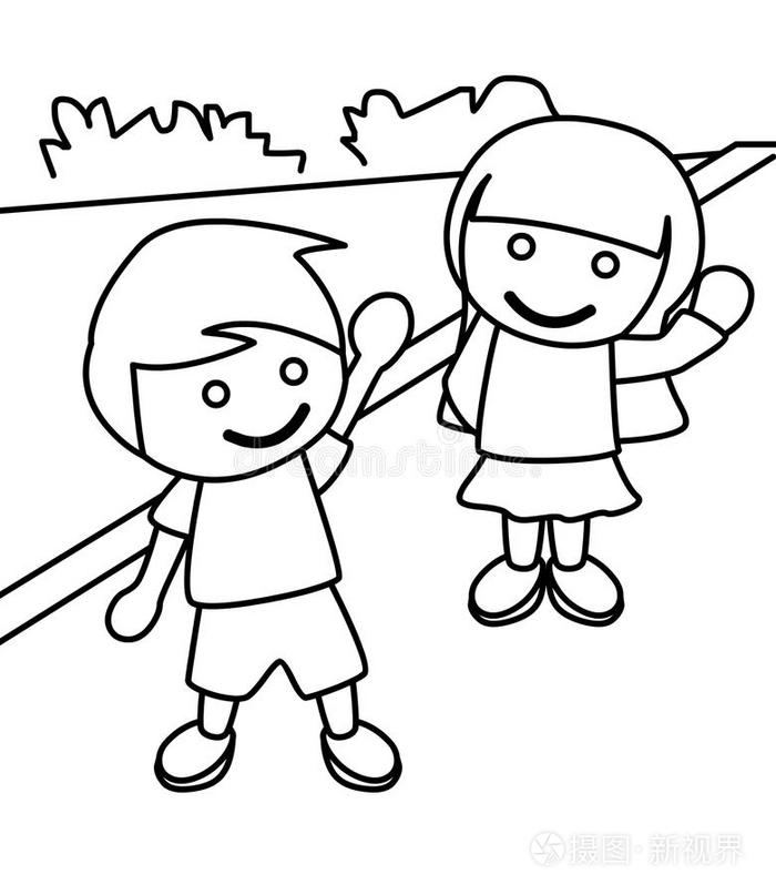 男孩和女孩挥手着色页插画