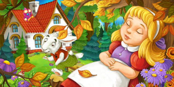 卡通场景与年轻女孩睡在森林下面的树附近可爱的农场房子跑有趣的兔子