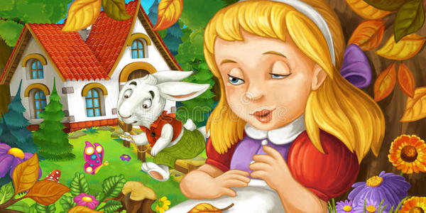 森林里的卡通场景,小女孩睡在树下,靠近可爱的农舍,醒来后看到兔子在