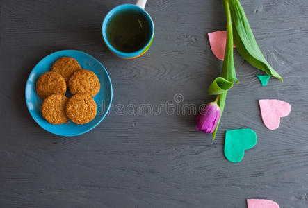 浪漫的 桌子 咖啡 母亲 假日 热的 杯子 郁金香 食物