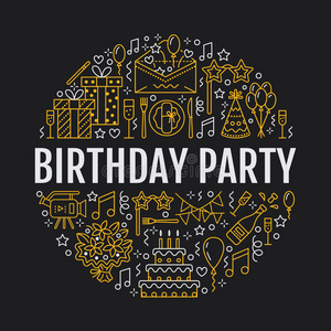 活动代理，生日派对横幅与矢量线图标的餐饮，生日蛋糕，气球装饰，花卉