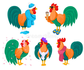五颜六色的农场鸟类收藏。 公鸡母鸡小鸡和鸡蛋的矢量插图。 矢量新年符号设计。