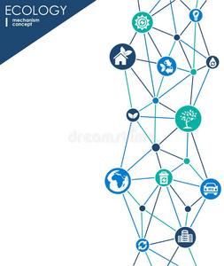 生态机制概念。 抽象背景与连接的齿轮和图标生态友好，能源，环境，绿色，可回收