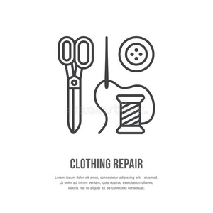 裁缝店平面标志,剪刀插图,针头和按钮. 手工制作照片