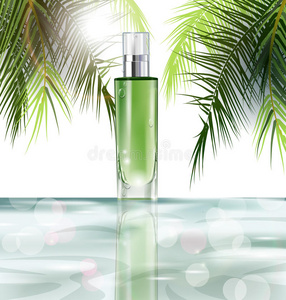 化妆品，逼真的试管模型，用于乳液，凝胶，在水和棕榈树的叶子的背景上