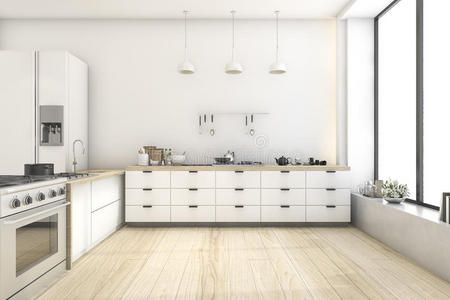 三维渲染白色斯堪的纳维亚风格的厨房与灯