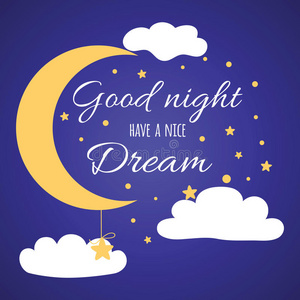 卡片与祝愿晚安在深蓝色的天空背景与月亮,星星,月亮照片