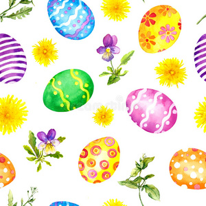复活节彩蛋和春花。 无缝背景。 水彩画
